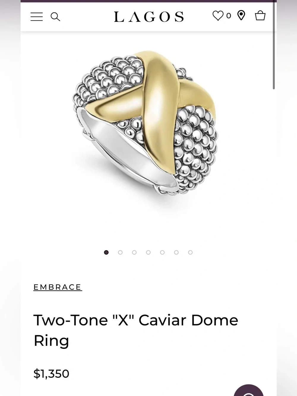 Lagos two tone “X” Caviar Done ring SIZE 8